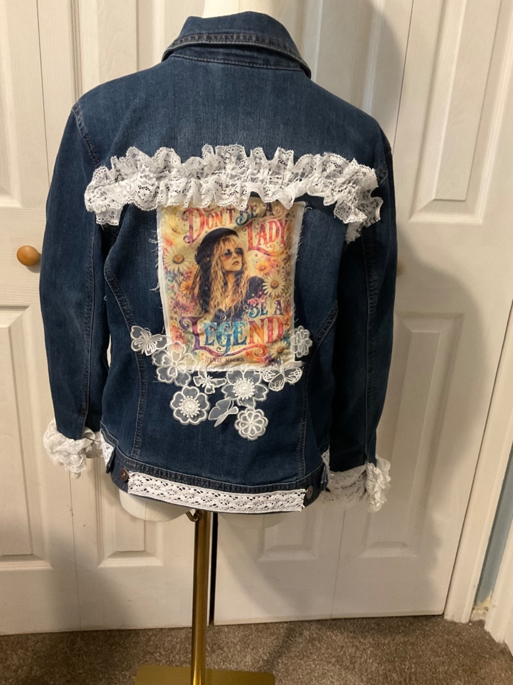Stevie Nicks Upcycled Back Graphic With Lace on Size Lg Women's Denim Jacket